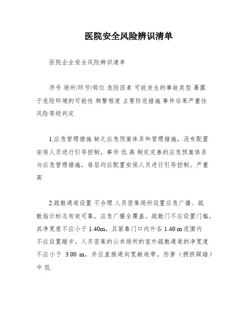 医院安全风险辨识清单
