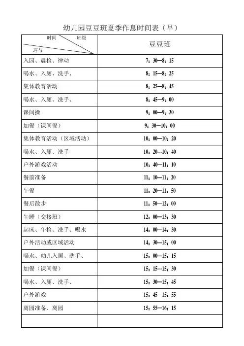 园内实际：幼儿园各年龄班作息时间表