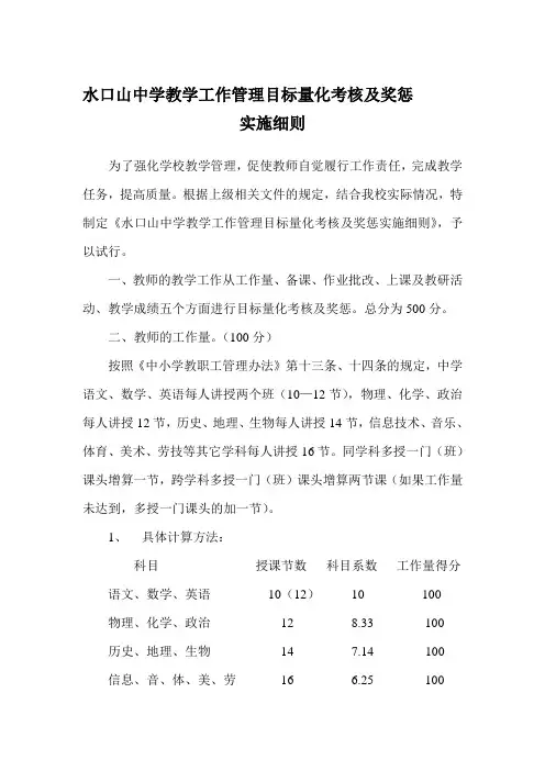 教学工作管理目标量化考核及奖惩实施细则[1]