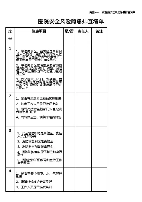 (完整word版)医院安全风险隐患排查清单