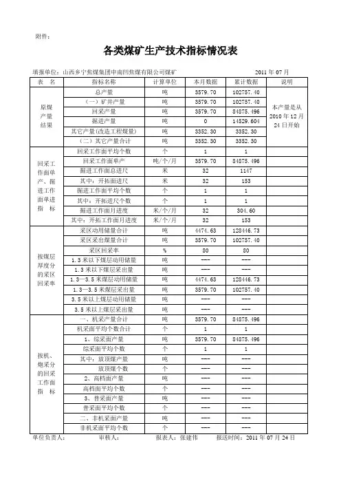 各类煤矿生产指标情况表