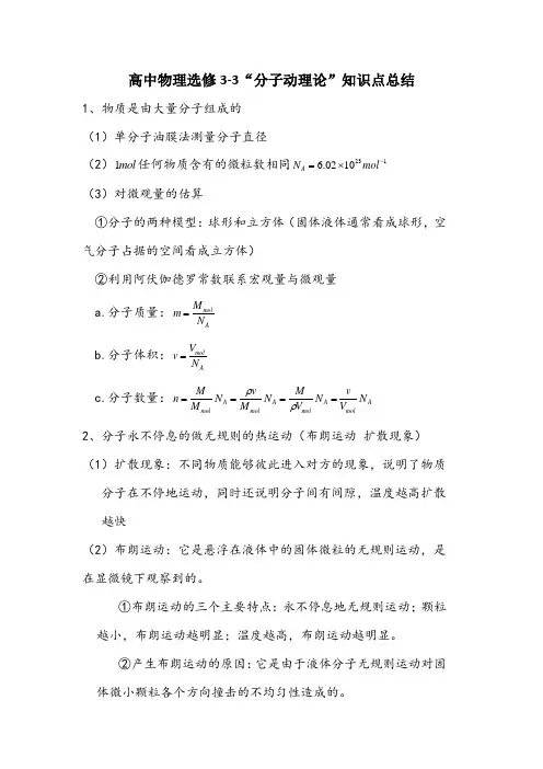 高中物理选修3-3“分子动理论”知识点总结