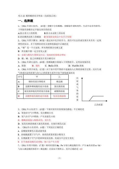 各地中考化学试题考点分类汇编22：酸和酸的化学性质
