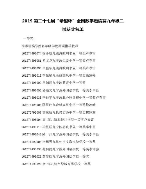 2019第二十七届“希望杯”全国数学邀请赛九年级二试获奖名单