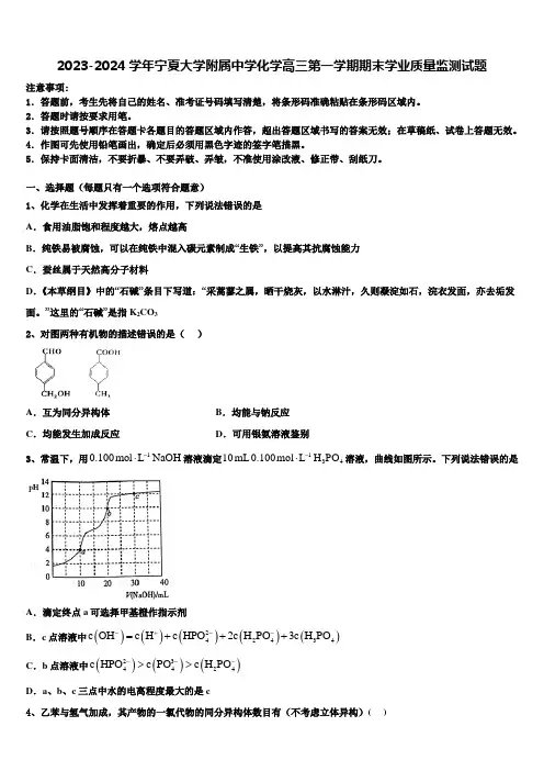 2023-2024学年宁夏大学附属中学化学高三第一学期期末学业质量监测试题含解析