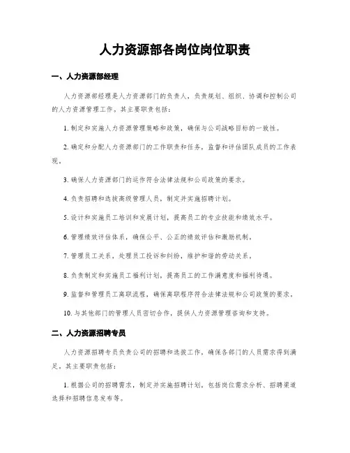 人力资源部各岗位岗位职责