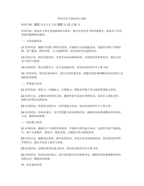 单位对员工的培训计划表