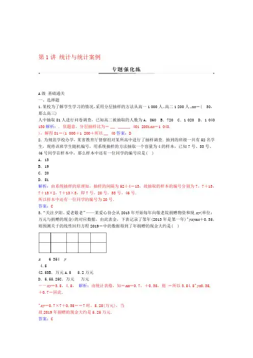 2020版高考数学二轮复习第二部分专题四概率与统计第1讲统计与统计案例练习文含解析