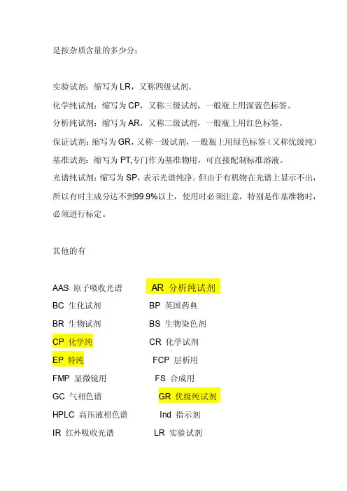 化学试剂纯度英文缩写