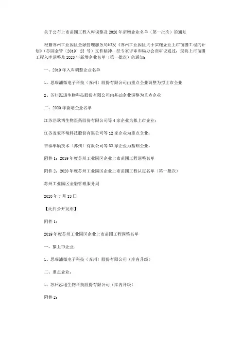 关于公布上市苗圃工程入库调整及2020年新增企业名单(第一批次)的通知