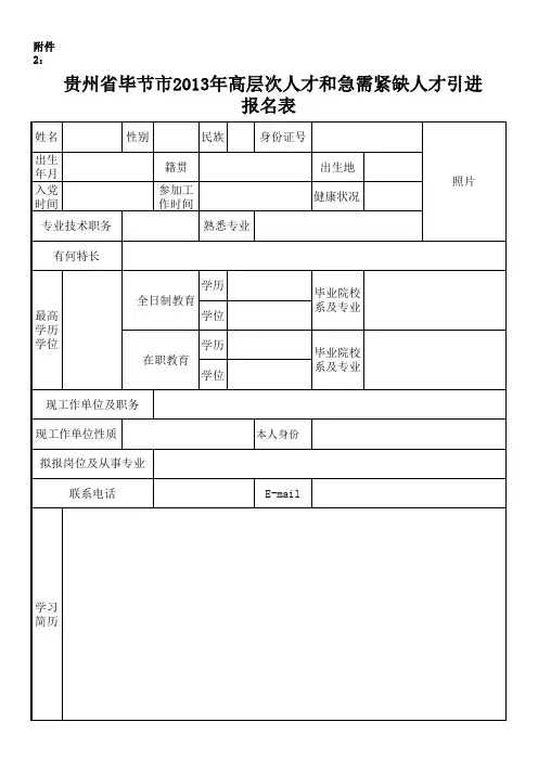 高层次人才和急需紧缺人才引进报名表xls