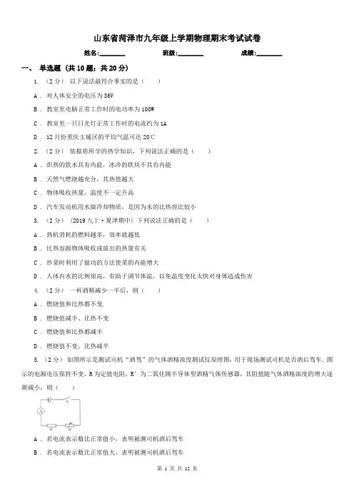 山东省菏泽市九年级上学期物理期末考试试卷
