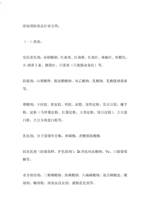 添加剂按食品行业分类