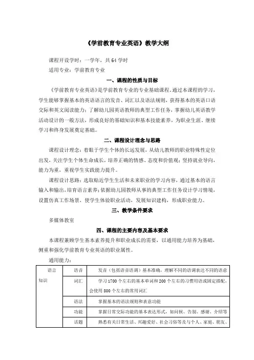 《学前教育专业英语》教学大纲 课程标准 最全最新