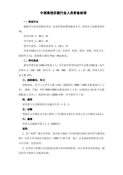 中国高校后勤行业人员配备标准