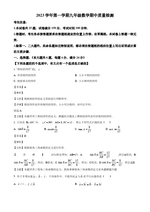 2023-2024学年上海市浦东新区九年级上学期期中模拟数学试题及解析