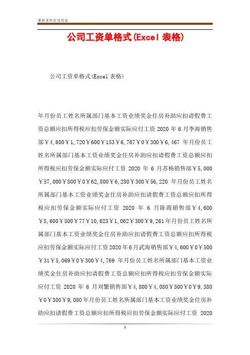 公司工资单格式(Excel表格)