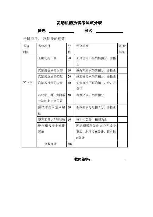 发动机的拆装考试赋分表