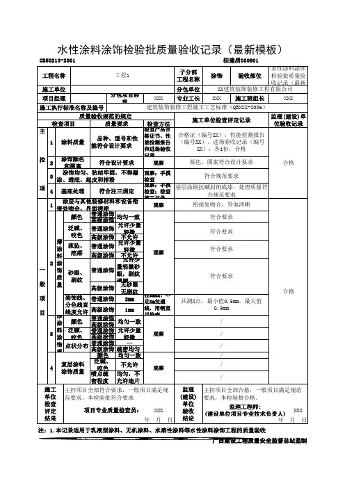 水性涂料涂饰检验批质量验收记录(最新模板)