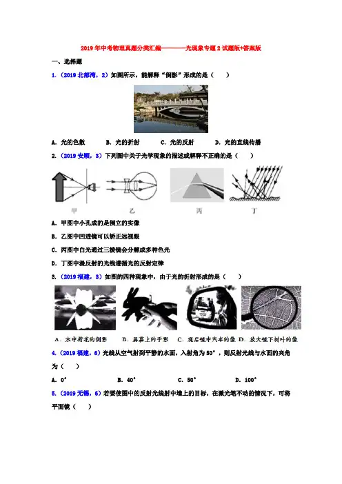 2019年中考物理真题分类汇编————光现象专题2试题版+答案版