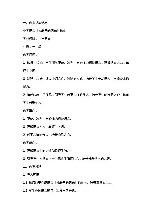 小学语文《棉鞋里的阳光》教案