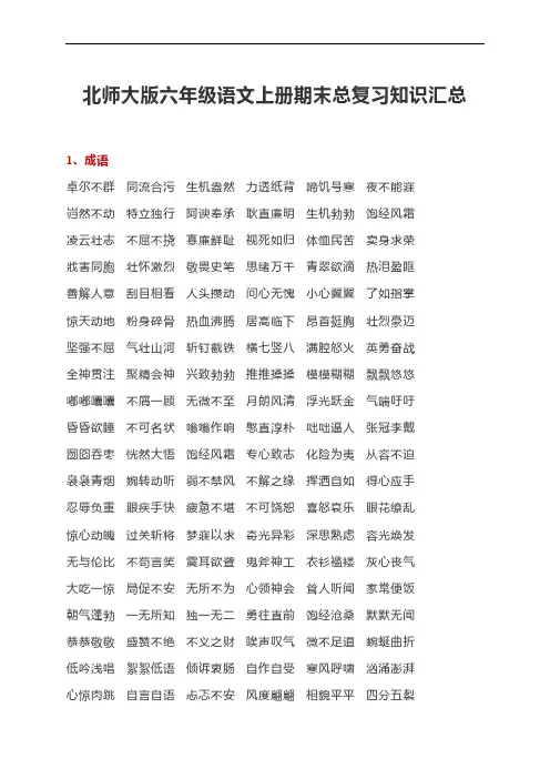 北师大版六年级语文上册期末总复习知识汇总