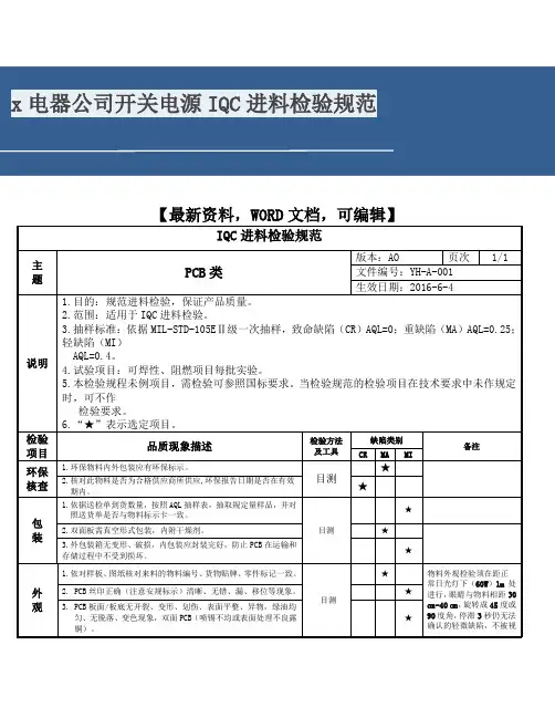 电器公司开关电源iqc进料检验规范