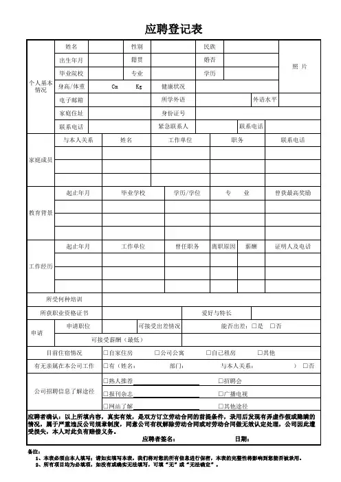 员工应聘登记表
