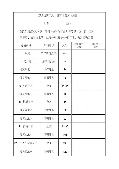部编版四年级语文上册背诵课文检测表