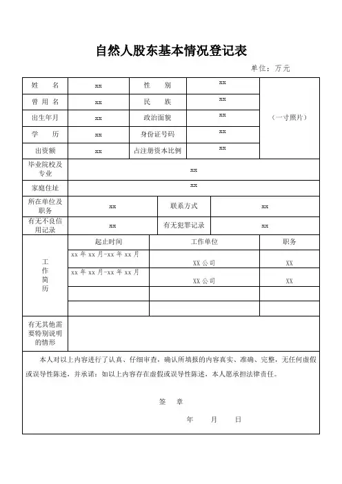 自然人股东基本情况登记表(样表)