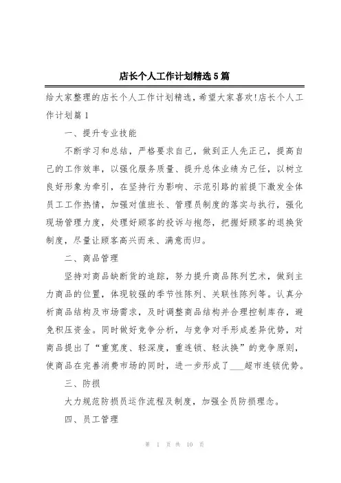 店长个人工作计划精选5篇