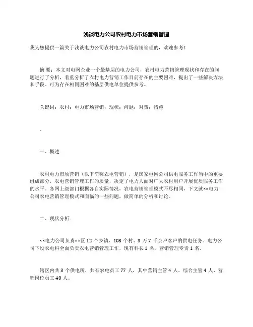 浅谈电力公司农村电力市场营销管理