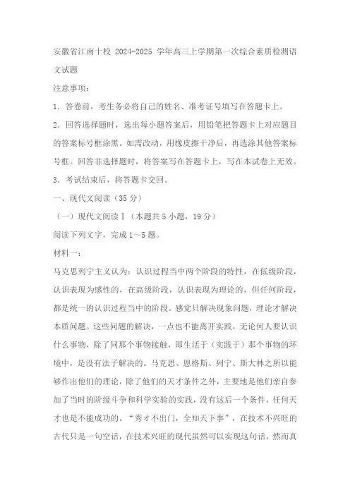 安徽省江南十校2024-2025学年高三上学期第一次综合素质检测语文试题(解析版)
