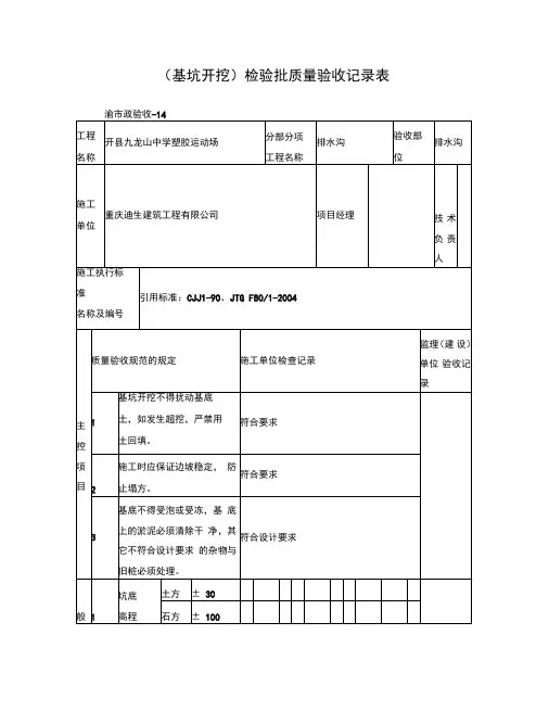基坑开挖检验批质量验收记录表