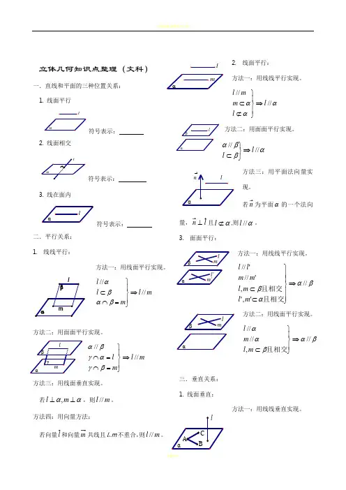 文科立体几何知识点、方法总结高三复习