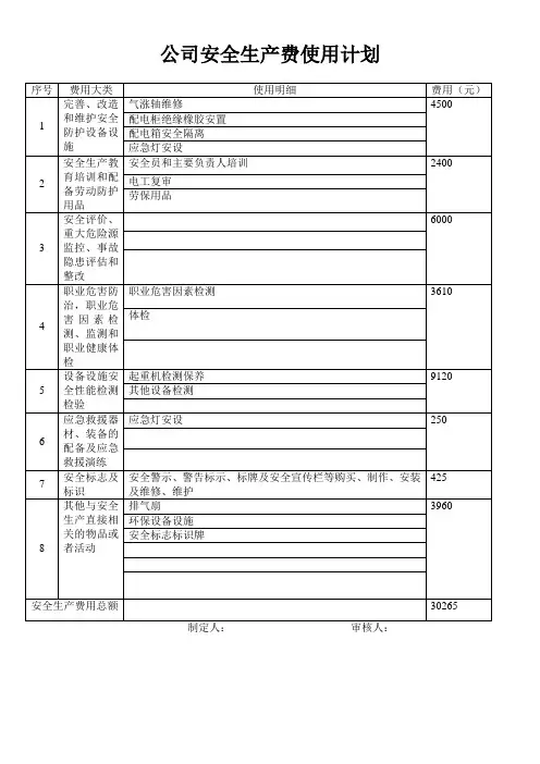 安全生产费用的使用计划表参考模板范本
