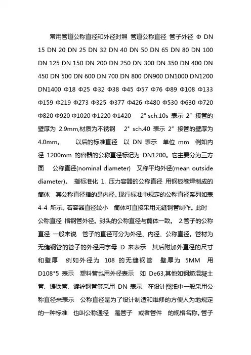 公称直径外径对照表