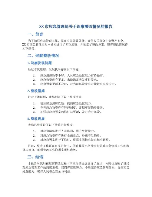 XX市应急管理局关于巡察整改情况的报告