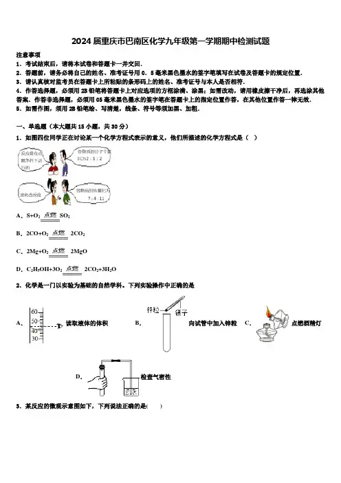 2024届重庆市巴南区化学九年级第一学期期中检测试题含解析