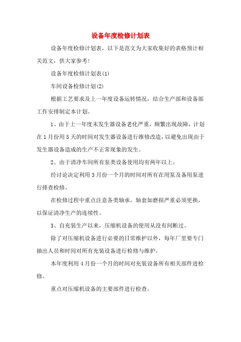 设备年度检修计划表