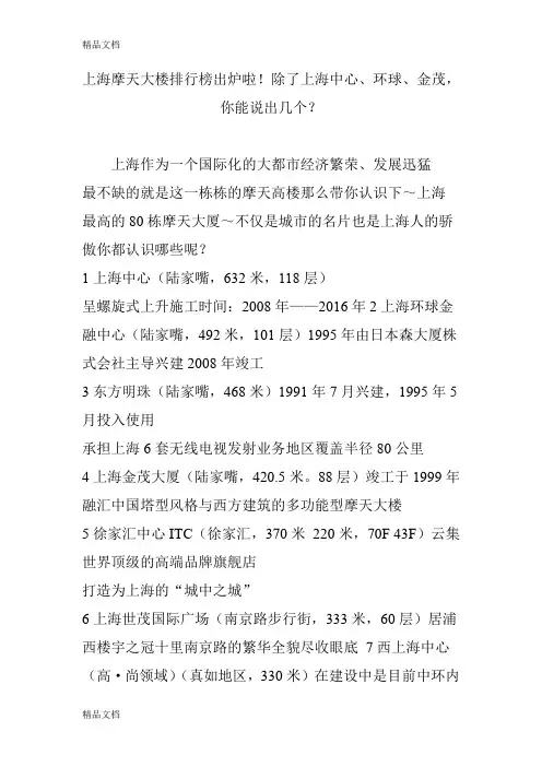 上海摩天大楼排行榜出炉啦!除了上海中心、环球、金茂-你能说出几个？说课材料