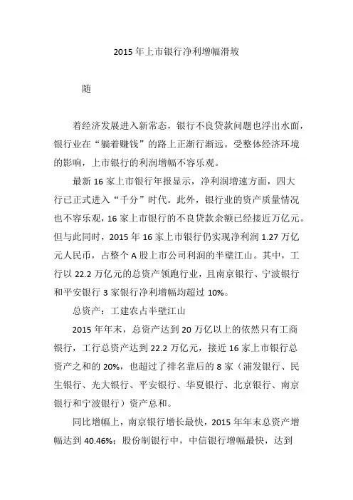 2015年上市银行净利增幅滑坡