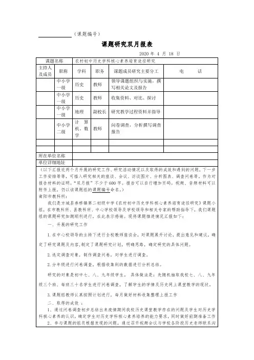 《农村初中历史学科核心素养培育途径研究》 课题研究双月报报表