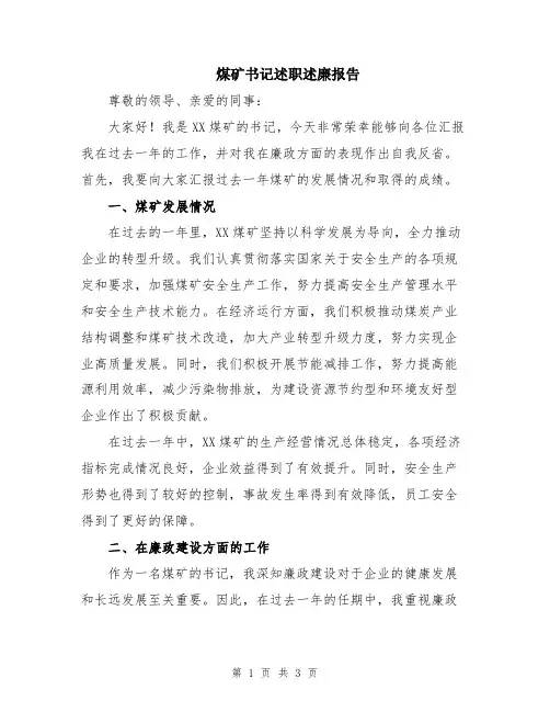 煤矿书记述职述廉报告
