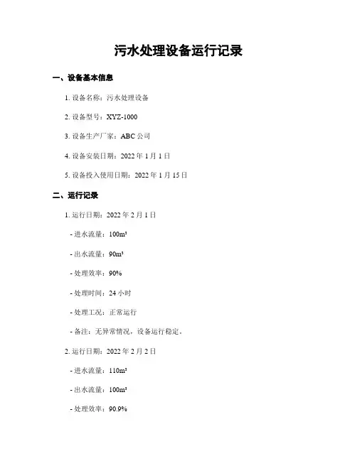 污水处理设备运行记录