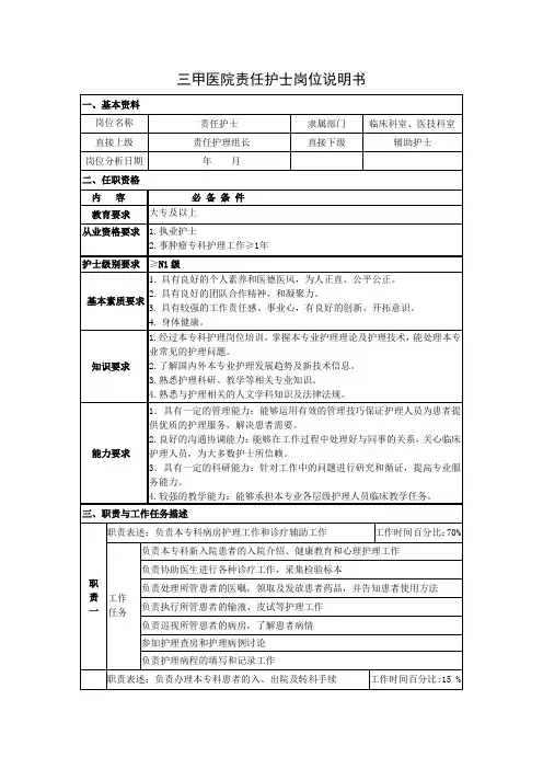 三甲医院责任护士岗位说明书