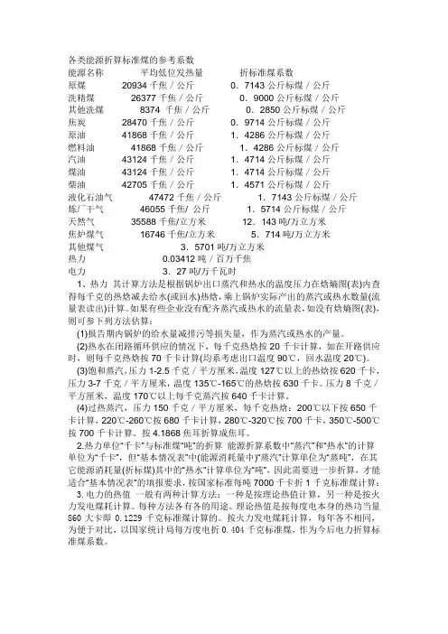 各种能源与标煤的换算表