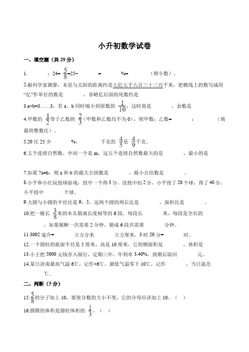 人教新课标六年级下册小升初数学试卷(含解析)