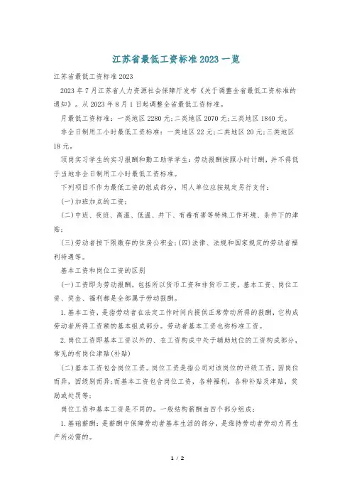 江苏省最低工资标准2023一览
