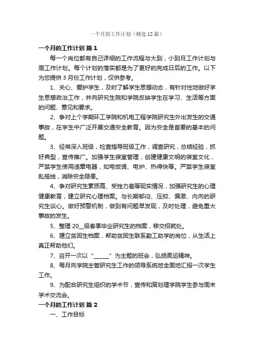 一个月的工作计划（精选12篇）